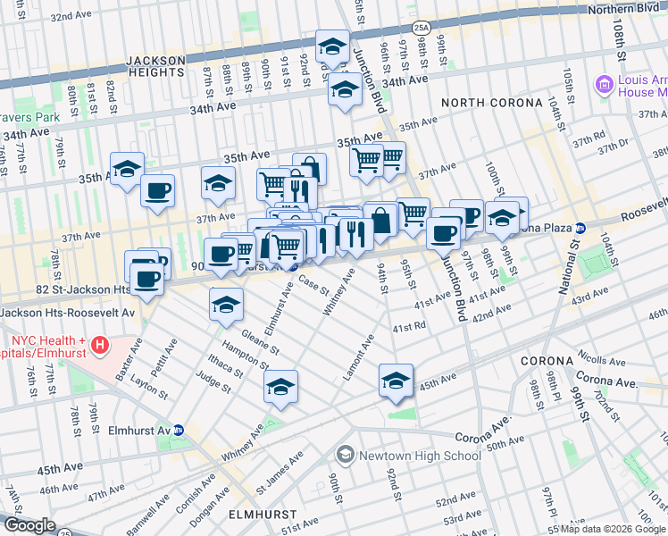 map of restaurants, bars, coffee shops, grocery stores, and more near 37-60 92nd Street in Queens
