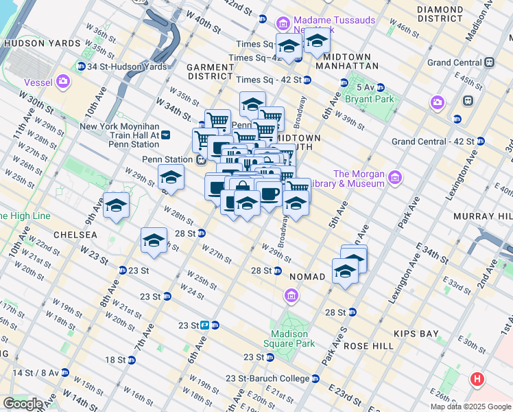 map of restaurants, bars, coffee shops, grocery stores, and more near 119 West 31st Street in New York