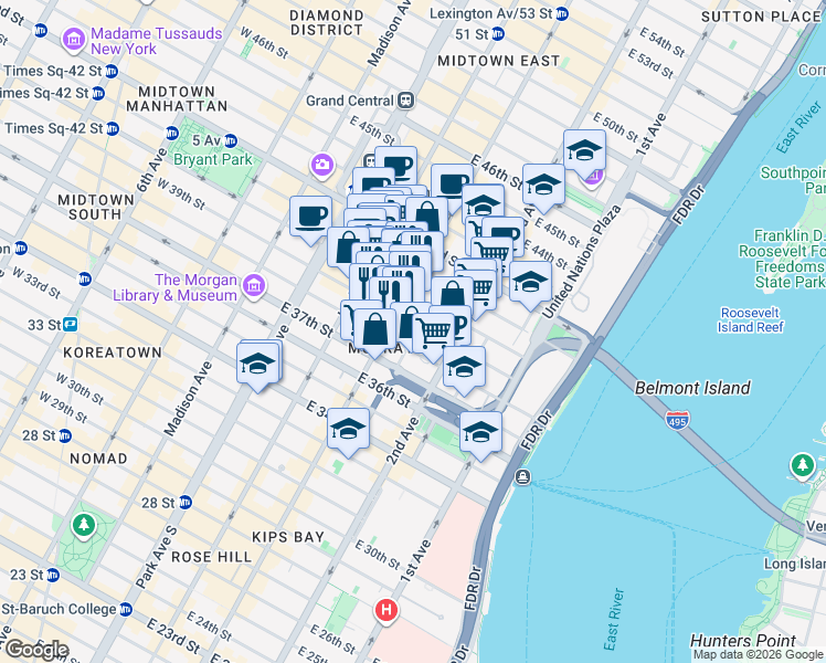 map of restaurants, bars, coffee shops, grocery stores, and more near 216 East 39th Street in New York