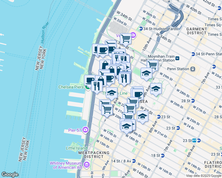 map of restaurants, bars, coffee shops, grocery stores, and more near 535 West 23rd Street in New York