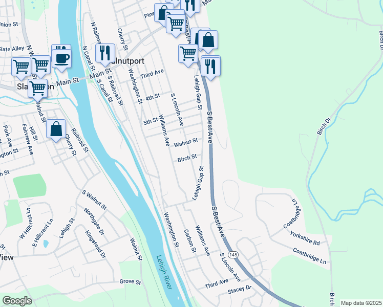 map of restaurants, bars, coffee shops, grocery stores, and more near 641 South Lincoln Avenue in Walnutport