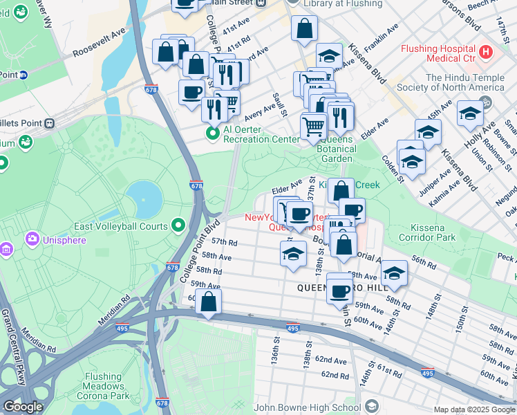 map of restaurants, bars, coffee shops, grocery stores, and more near 55-07 133rd Street in Queens