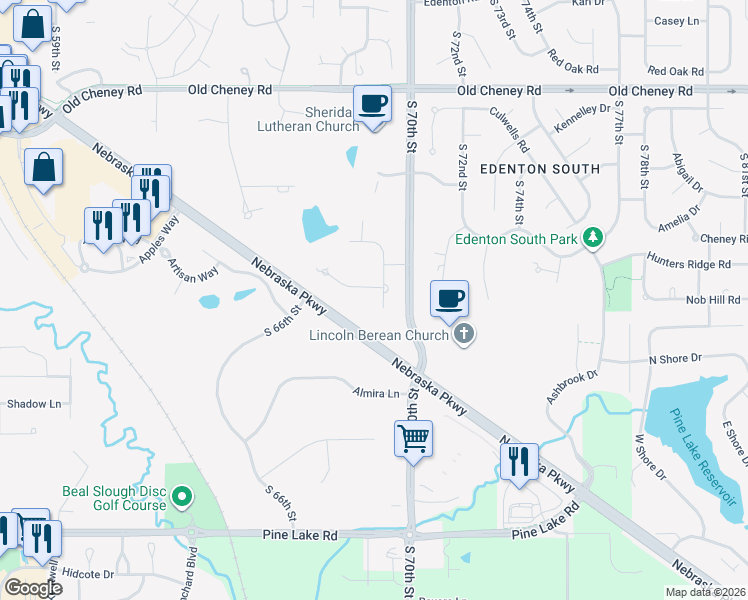 map of restaurants, bars, coffee shops, grocery stores, and more near 6201 South 69th Street in Lincoln
