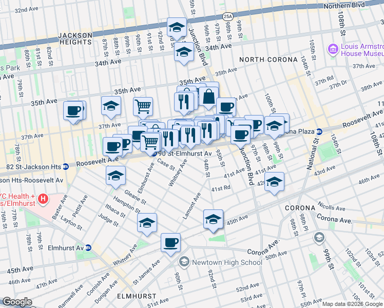 map of restaurants, bars, coffee shops, grocery stores, and more near in Queens