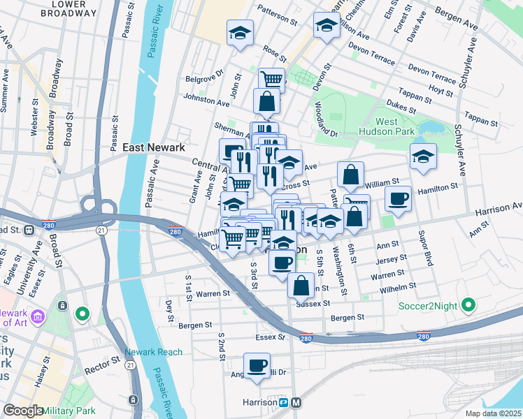 map of restaurants, bars, coffee shops, grocery stores, and more near 308 Frank E Rodgers Boulevard North in Harrison
