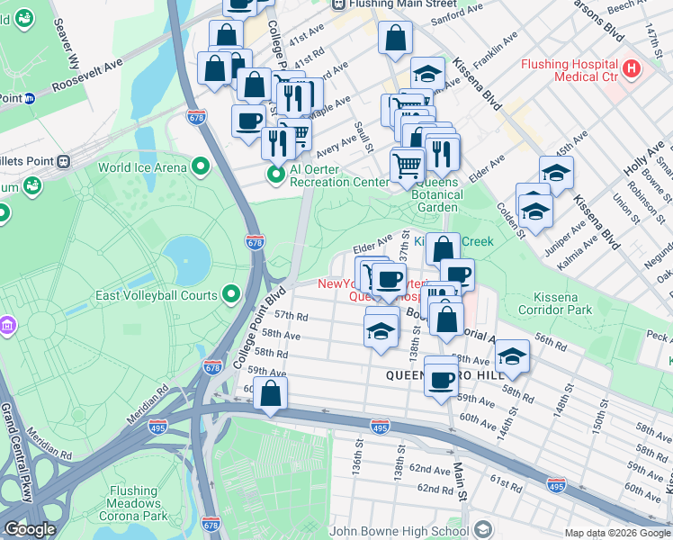 map of restaurants, bars, coffee shops, grocery stores, and more near 55-07 133rd Street in Queens