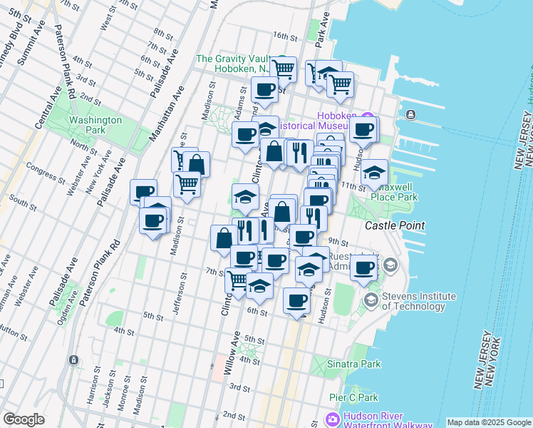 map of restaurants, bars, coffee shops, grocery stores, and more near 933 Willow Avenue in Hoboken