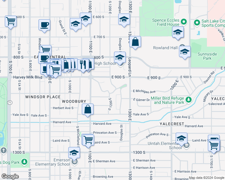 map of restaurants, bars, coffee shops, grocery stores, and more near 930 South 1200 East in Salt Lake City