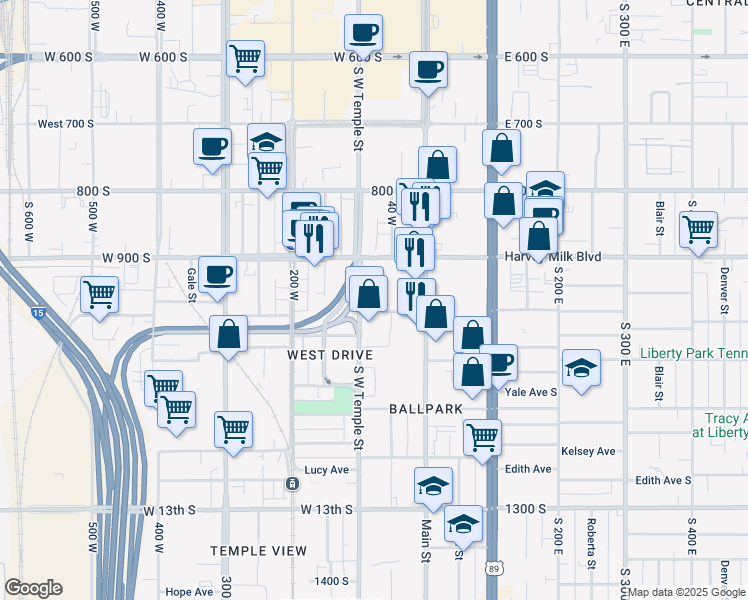 map of restaurants, bars, coffee shops, grocery stores, and more near 925 South West Temple in Salt Lake City