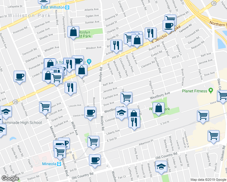map of restaurants, bars, coffee shops, grocery stores, and more near 33 Raff Avenue in Mineola