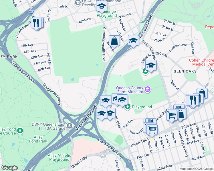 map of restaurants, bars, coffee shops, grocery stores, and more near 24420 Grand Central Parkway in Queens