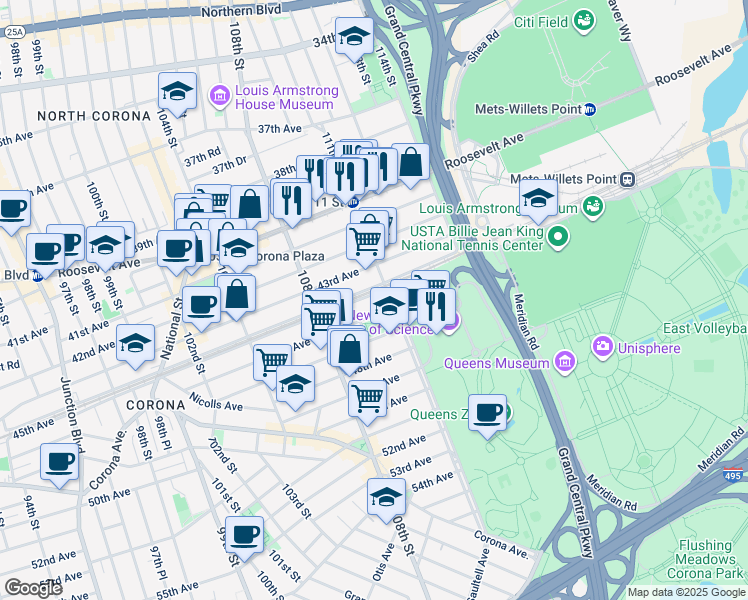 map of restaurants, bars, coffee shops, grocery stores, and more near 108-57 44th Avenue in Queens