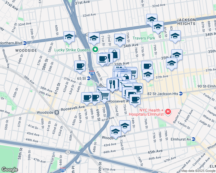 map of restaurants, bars, coffee shops, grocery stores, and more near in Queens