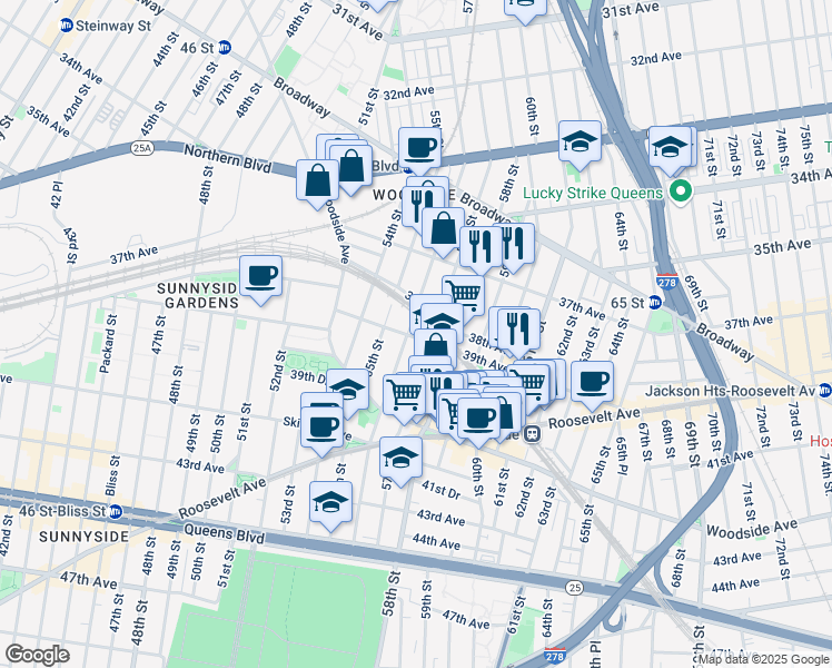 map of restaurants, bars, coffee shops, grocery stores, and more near 38-23 56th Street in Queens