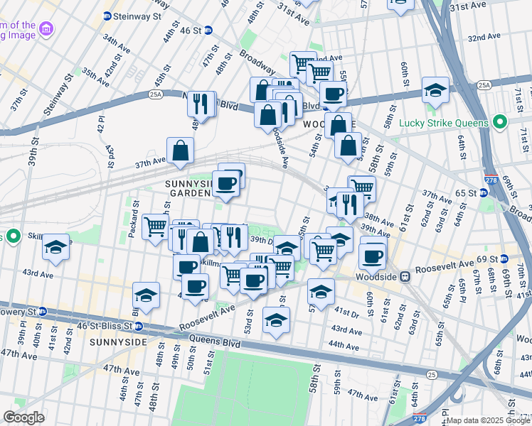 map of restaurants, bars, coffee shops, grocery stores, and more near 52-17 39th Avenue in Queens