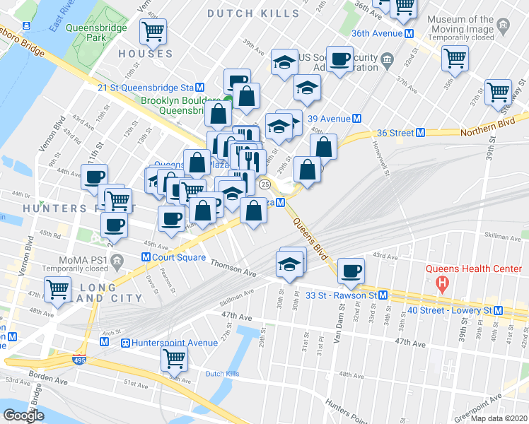 map of restaurants, bars, coffee shops, grocery stores, and more near in Queens