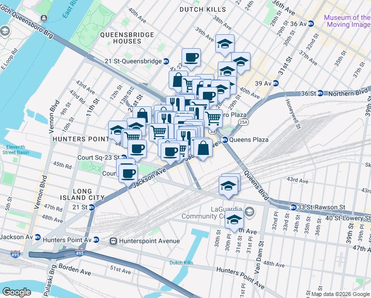map of restaurants, bars, coffee shops, grocery stores, and more near 42-50 27th Street in Queens