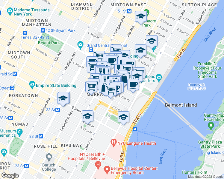 map of restaurants, bars, coffee shops, grocery stores, and more near 619635 3rd Avenue in New York