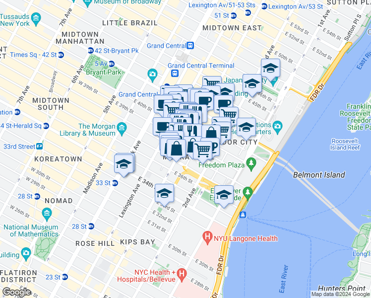 map of restaurants, bars, coffee shops, grocery stores, and more near in New York
