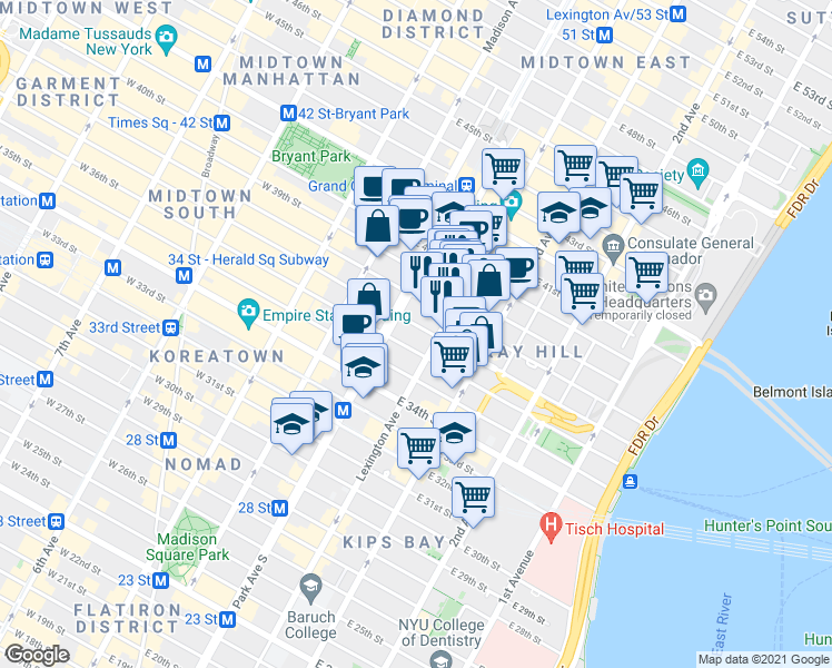 map of restaurants, bars, coffee shops, grocery stores, and more near 105 East 37th Street in New York