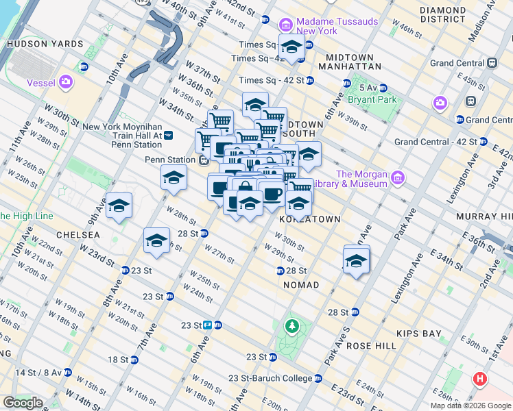 map of restaurants, bars, coffee shops, grocery stores, and more near 144 West 32nd Street in New York
