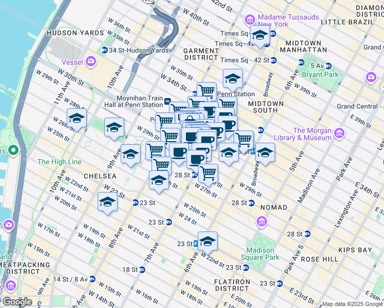 map of restaurants, bars, coffee shops, grocery stores, and more near 222w West 30th Street in New York