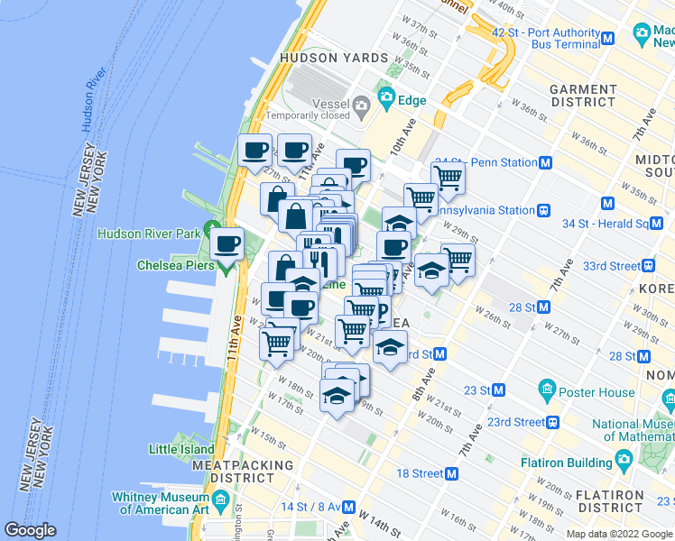 map of restaurants, bars, coffee shops, grocery stores, and more near 249 10th Avenue in New York