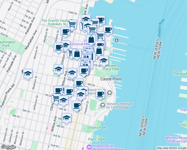 map of restaurants, bars, coffee shops, grocery stores, and more near 1014 Hudson Street in Hoboken