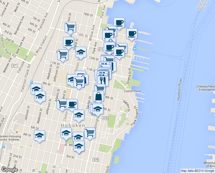 map of restaurants, bars, coffee shops, grocery stores, and more near 1014 Hudson Street in Hoboken