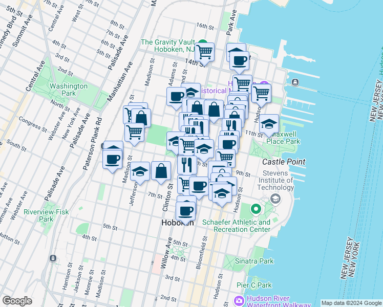map of restaurants, bars, coffee shops, grocery stores, and more near 933 Willow Avenue in Hoboken