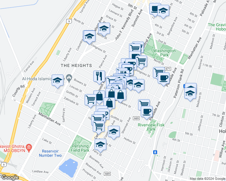 map of restaurants, bars, coffee shops, grocery stores, and more near 29 Thorne Street in Jersey City