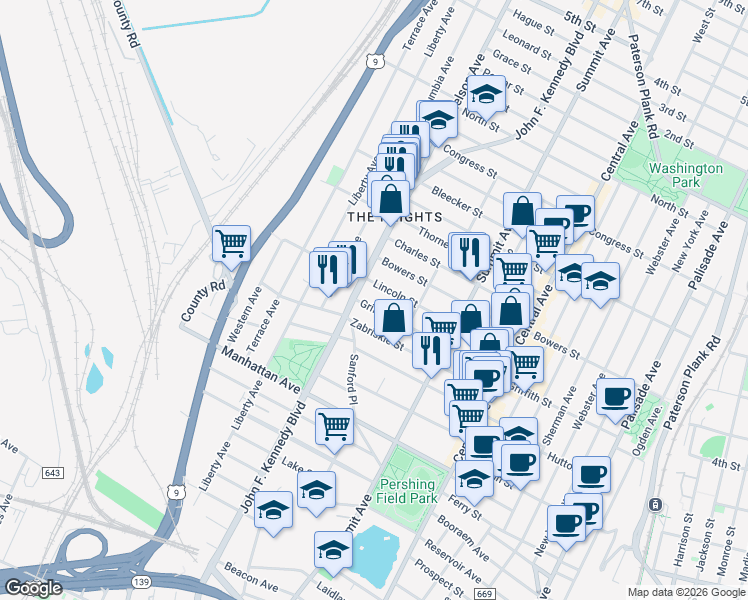 map of restaurants, bars, coffee shops, grocery stores, and more near 3418 John F. Kennedy Boulevard in Jersey City