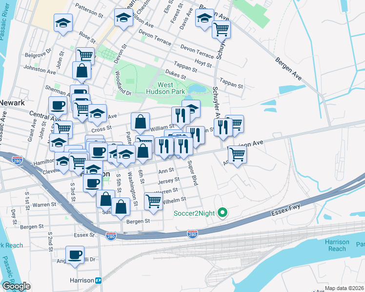 map of restaurants, bars, coffee shops, grocery stores, and more near 801 Hamilton Street in Harrison