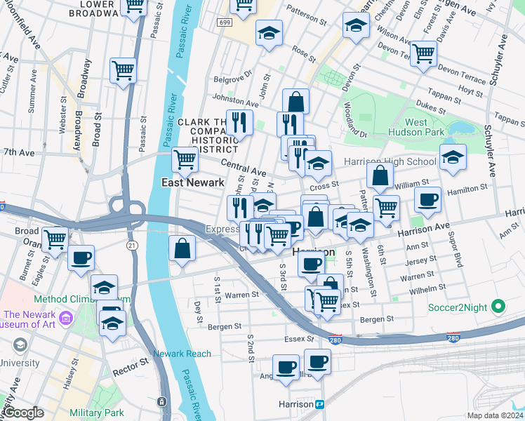 map of restaurants, bars, coffee shops, grocery stores, and more near 319 North 2nd Street in Harrison