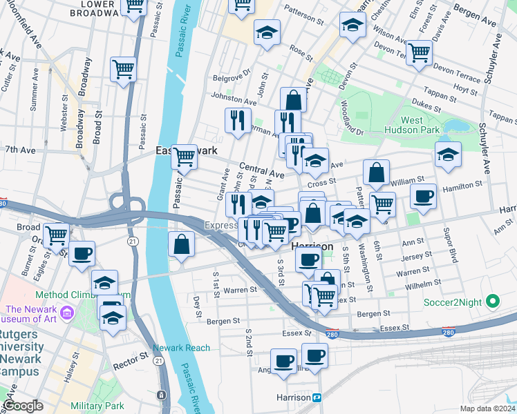 map of restaurants, bars, coffee shops, grocery stores, and more near 319 North 2nd Street in Harrison