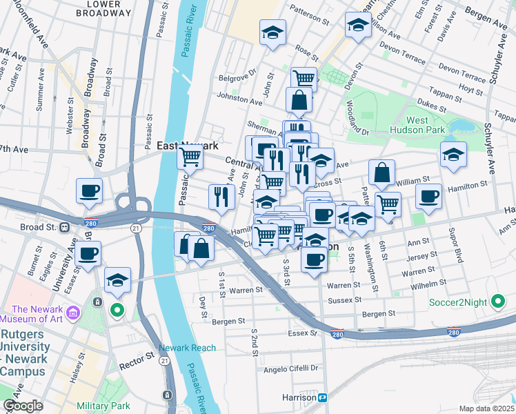 map of restaurants, bars, coffee shops, grocery stores, and more near 319 North 2nd Street in Harrison