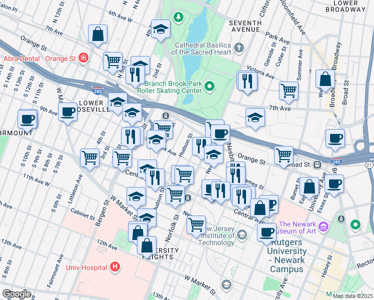 map of restaurants, bars, coffee shops, grocery stores, and more near 2-18 Hudson Street in Newark