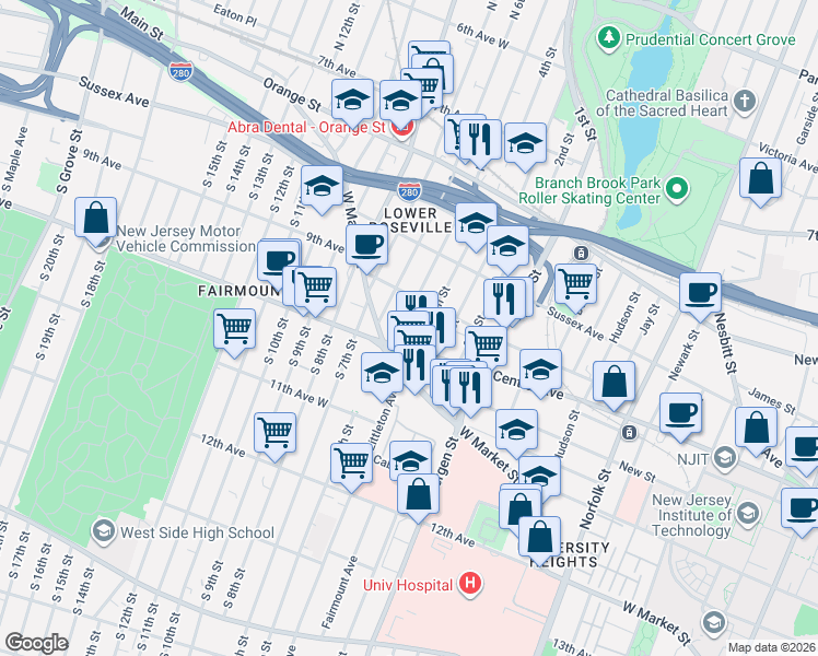 map of restaurants, bars, coffee shops, grocery stores, and more near 33 North 5th Street in Newark