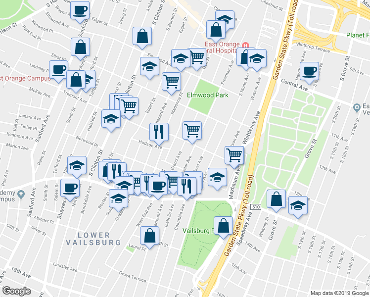 map of restaurants, bars, coffee shops, grocery stores, and more near 8 Tremont Avenue in East Orange