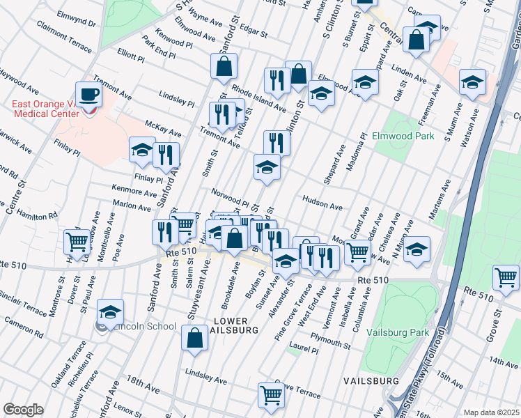 map of restaurants, bars, coffee shops, grocery stores, and more near 507 South Clinton Street in East Orange