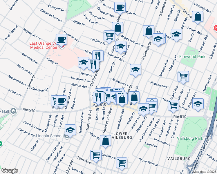 map of restaurants, bars, coffee shops, grocery stores, and more near 80 Telford Street in Newark