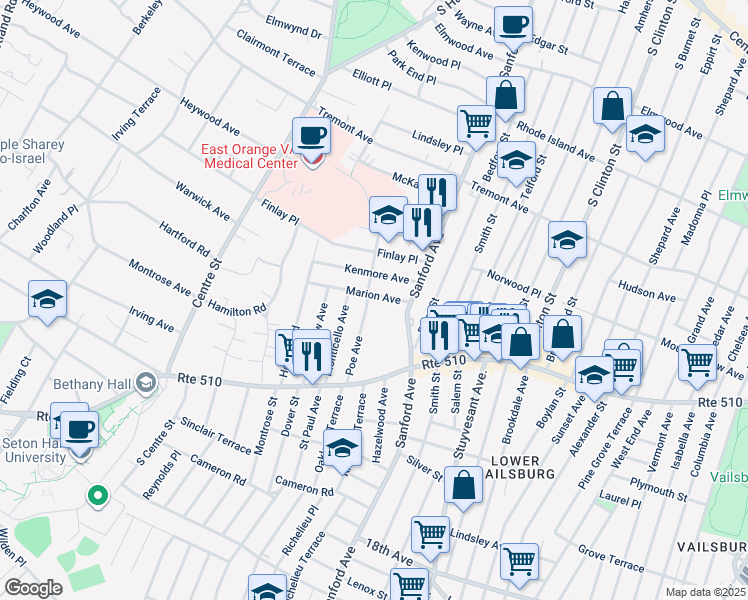 map of restaurants, bars, coffee shops, grocery stores, and more near 42 Kenmore Avenue in Newark
