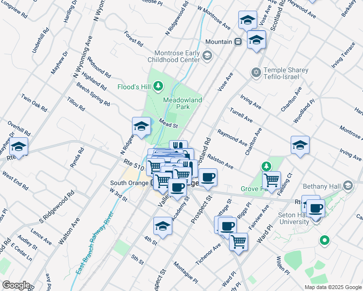 map of restaurants, bars, coffee shops, grocery stores, and more near 171 Vose Avenue in South Orange