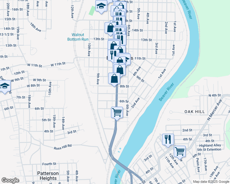 map of restaurants, bars, coffee shops, grocery stores, and more near 721 8th Avenue in Beaver Falls