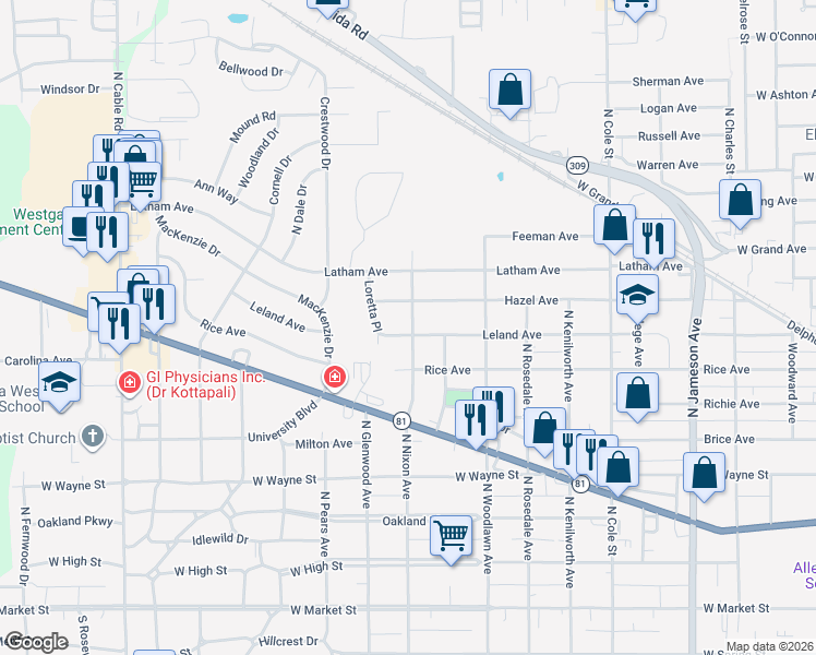 map of restaurants, bars, coffee shops, grocery stores, and more near 1537 Hazel Avenue in Lima