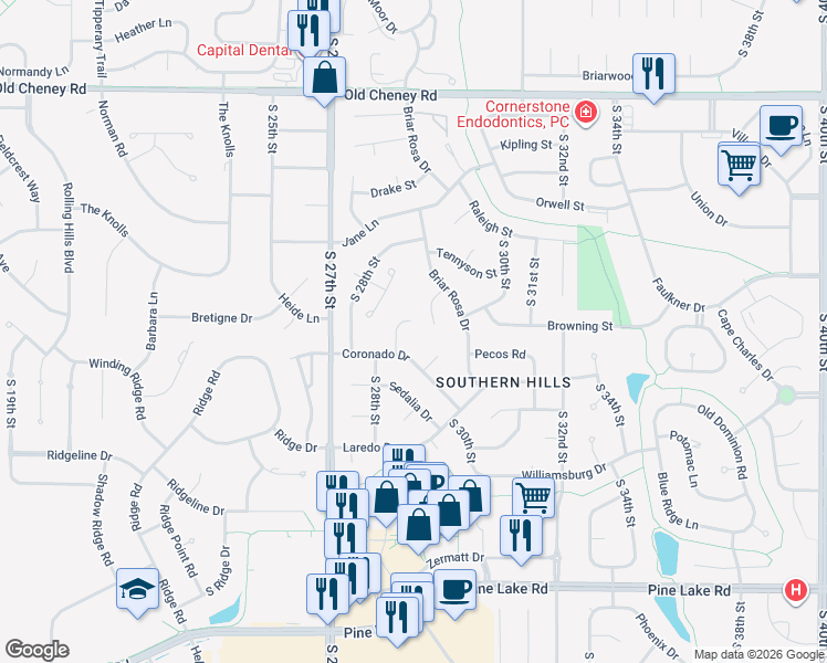 map of restaurants, bars, coffee shops, grocery stores, and more near 6211 Benjamin Place in Lincoln
