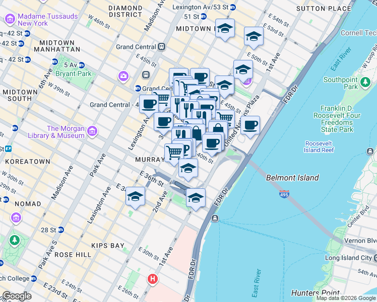 map of restaurants, bars, coffee shops, grocery stores, and more near 300 East 40th Street in New York