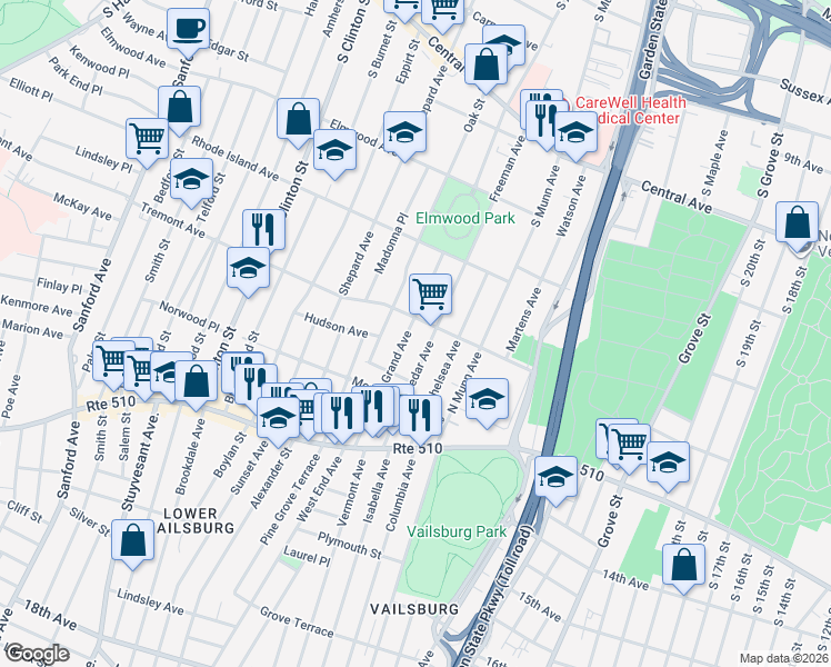 map of restaurants, bars, coffee shops, grocery stores, and more near 8 Tremont Avenue in East Orange