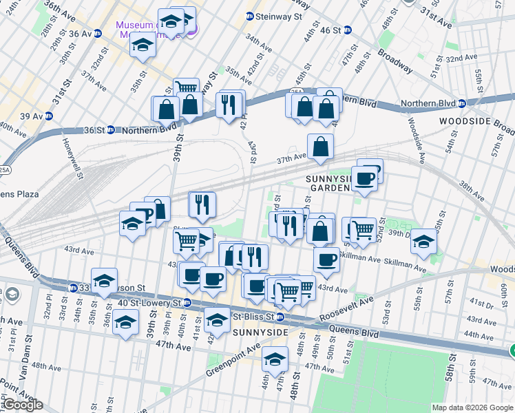 map of restaurants, bars, coffee shops, grocery stores, and more near 43-02 Barnett Avenue in Queens
