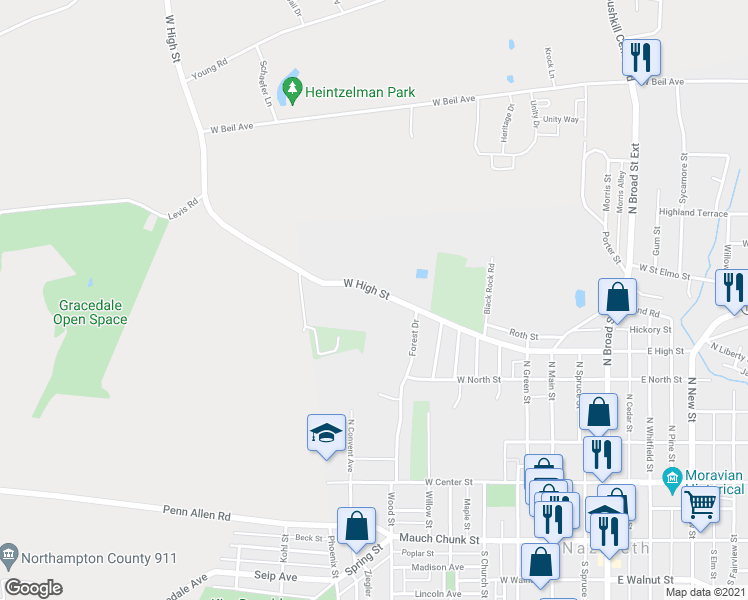 map of restaurants, bars, coffee shops, grocery stores, and more near 415 West High Street in Nazareth